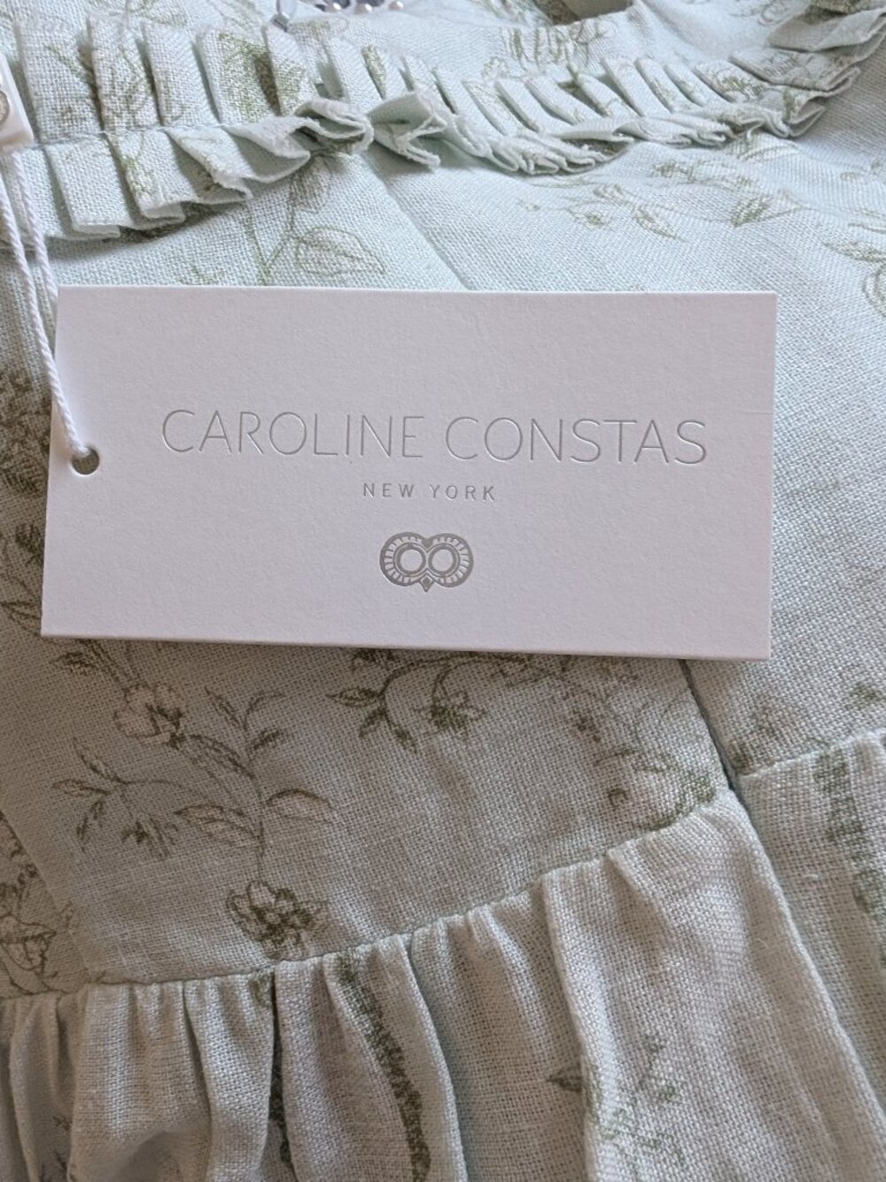 Caroline Constas Sage Green Pearl Neck Trim Floral Linen Maxi Dress Size S NWT - Picture 9 of 13